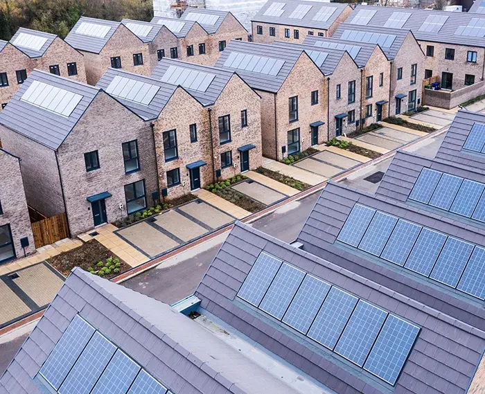 Solar PV systems and Battery Storage shown on social housing new builds
